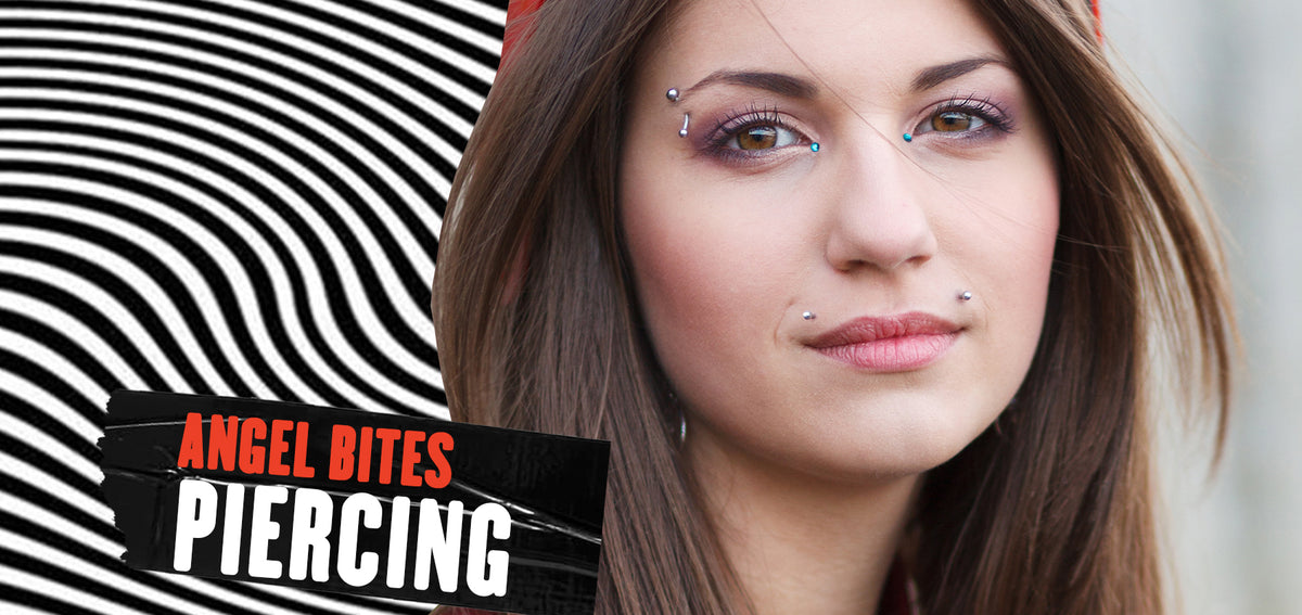 Text reading Angel Bites Piercing beside a woman with studs above both sides of her upper lip and an eyebrow barbell