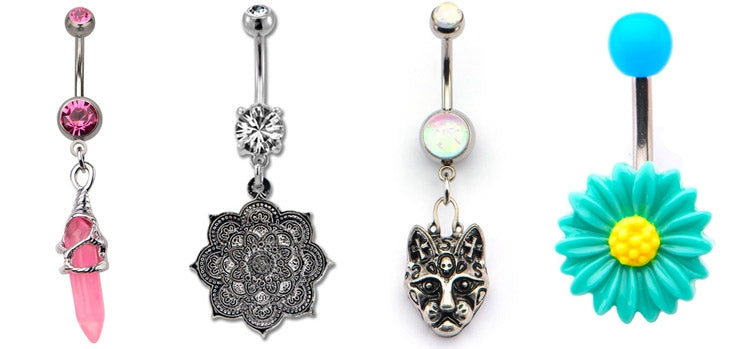 Four belly button rings with dangles: a pink crystal point, a silver-tone mandala, an animal head and a teal daisy