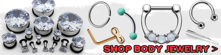 Crystal plugs in many sizes, a seamless ring, nose screw and septum clicker, labeled Shop Body Jewelry