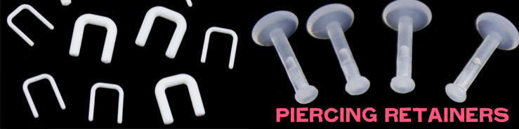 White U-shaped septum retainers and clear flat-back retainers, labeled Piercing Retainers
