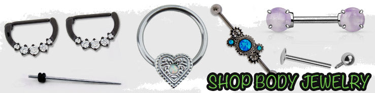 Crystal clickers, a taper, a filigree heart ring and an industrial barbell, labeled Shop Body Jewelry