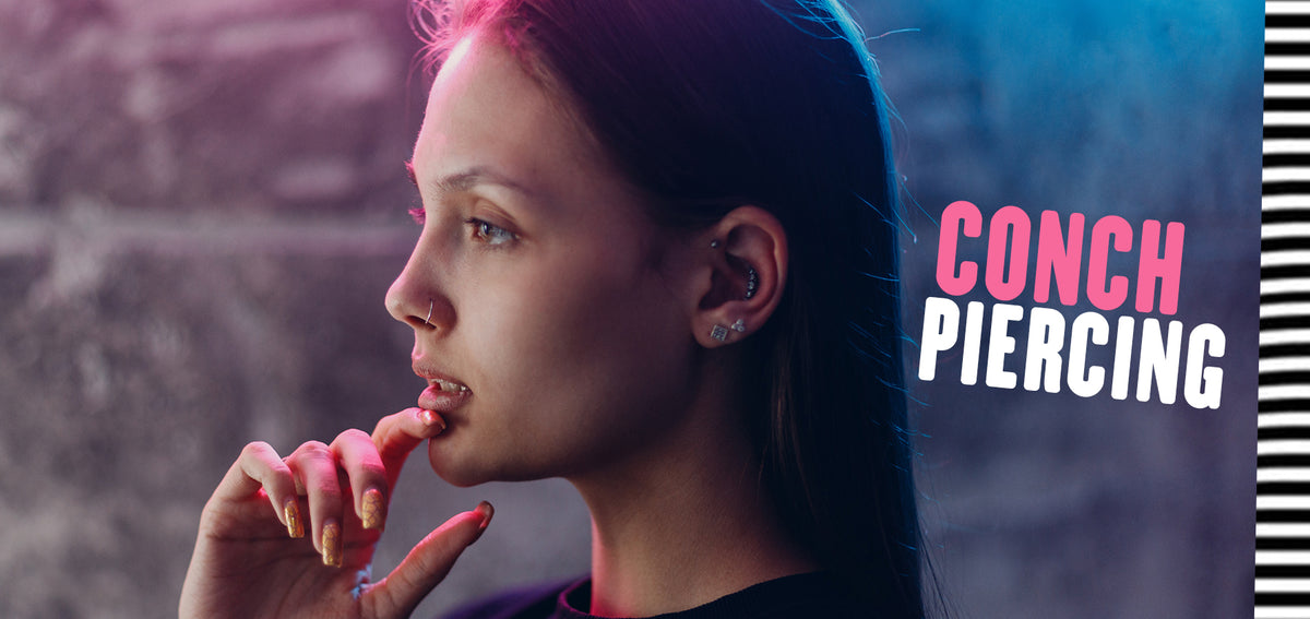 Text reading Conch Piercing beside a woman in profile under pink and blue light, with a curved crystal stud in her conch
