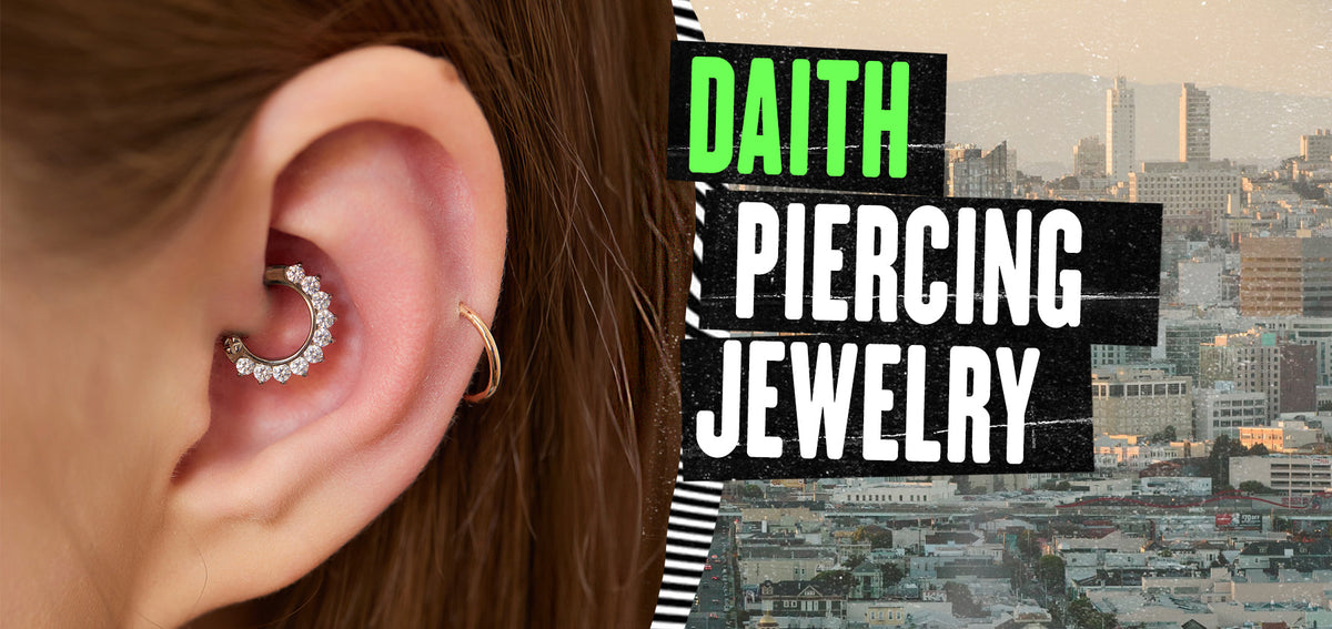 Text reading Daith Piercing Jewelry beside an ear with a crystal-lined daith clicker and a thin gold-tone helix hoop