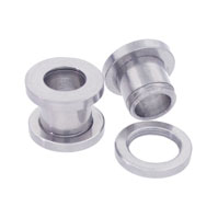 Two silver-tone screw-fit tunnels, one with its back ring unscrewed to show the external threading
