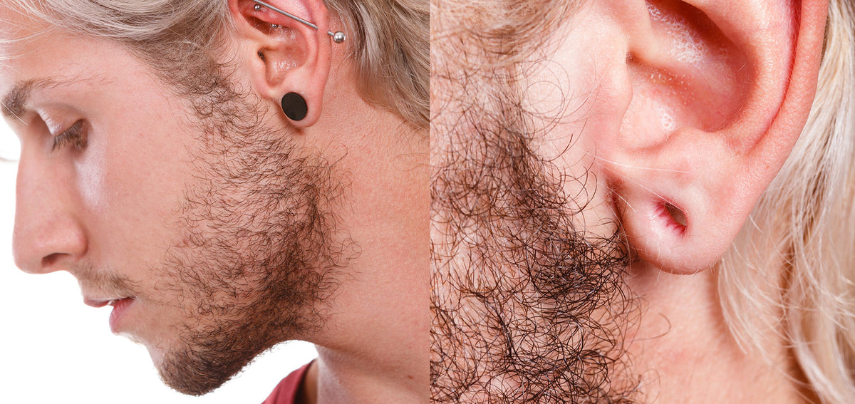 Man in profile wearing a black plug and an industrial barbell, beside a close-up of an empty stretched earlobe