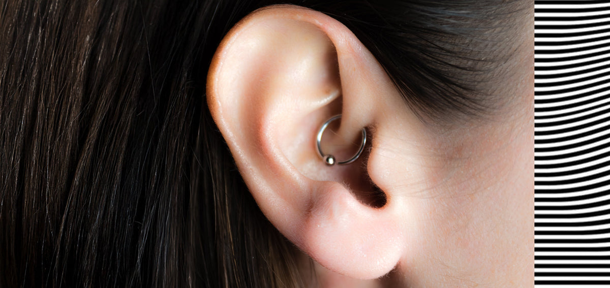 Close-up of an ear with a silver-tone captive bead ring in the daith