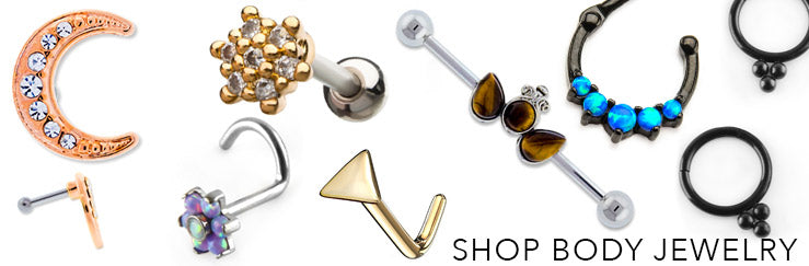 Shop Body Jewelry: crescent moon stud, nose screws, an industrial barbell with brown stones and black septum clickers