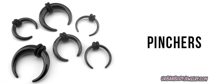 Black horseshoe-shaped pinchers in several sizes, each with two O-rings, next to the word Pinchers