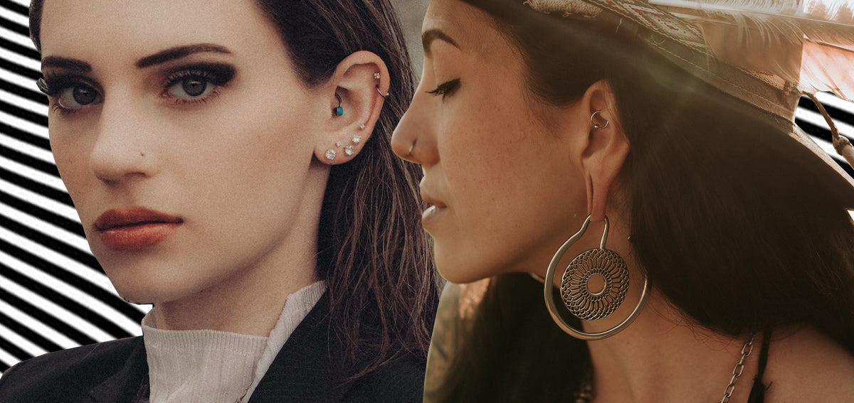 Two women: one with a blue bead daith ring and crystal lobe studs, the other in a feathered hat with a rook ring