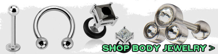 Labret stud, horseshoe, square gem studs and a triple crystal cartilage stud, labeled Shop Body Jewelry