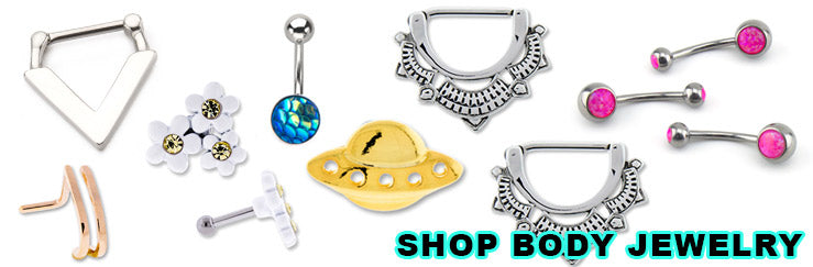 Septum clickers, a flower stud, belly ring, gold-tone UFO and pink stone barbells, labeled Shop Body Jewelry