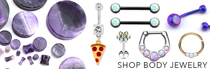 Purple stone plugs, a pizza belly ring, a septum clicker and a gold-tone hoop, labeled Shop Body Jewelry