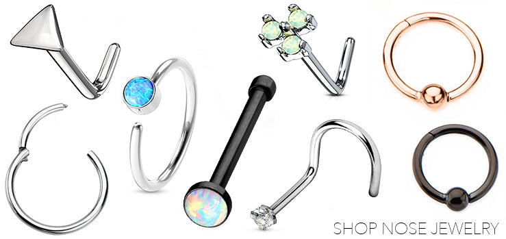 Shop Nose Jewelry: L-bend studs, a nose screw, nose hoops and captive bead rings in silver-tone, black and rose gold