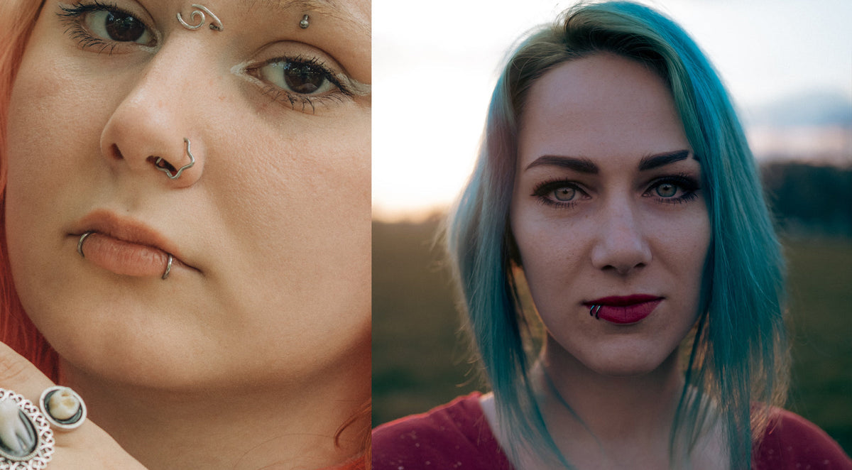 Left, rings at both corners of a lower lip with an eyebrow stud; right, a woman with teal hair and two rings at one corner