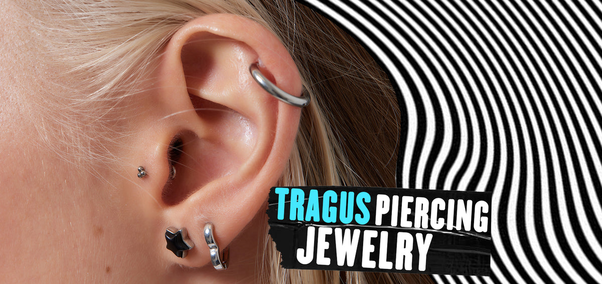 Text reading Tragus Piercing Jewelry beside an ear with a trio bead tragus stud, a helix ring and two lobe earrings
