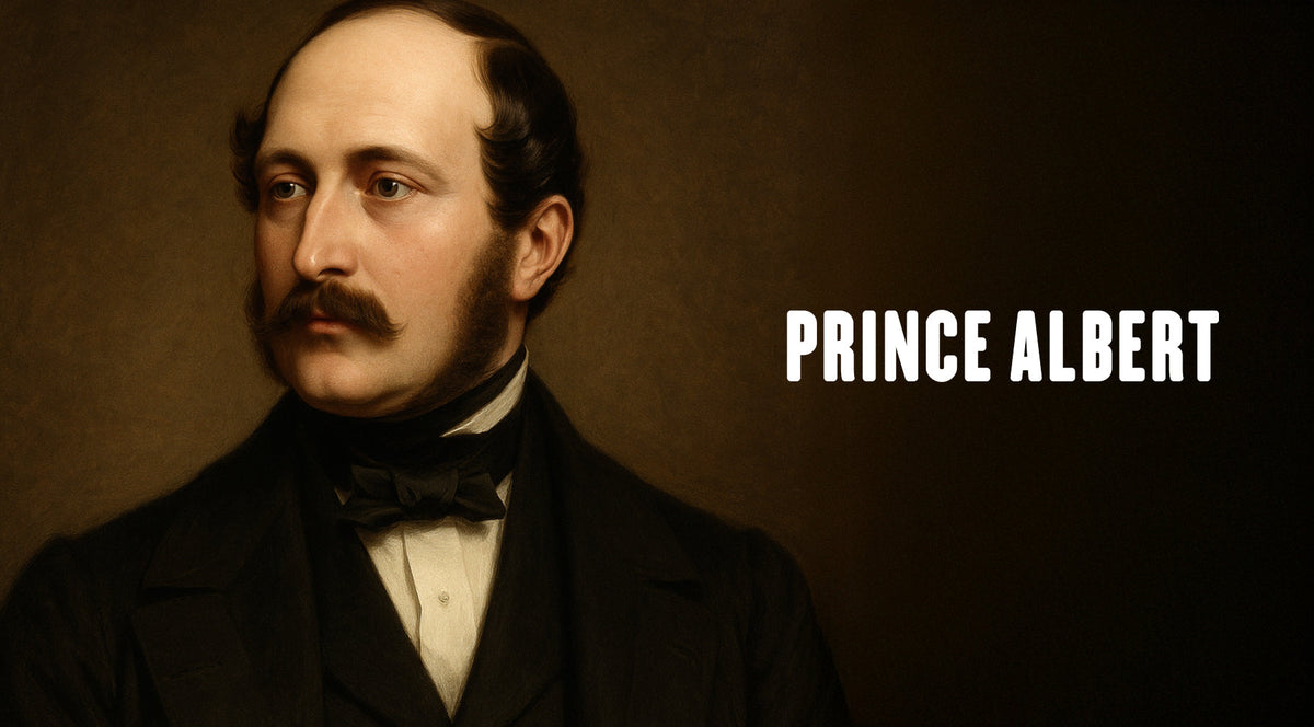 Painted portrait of a man with a mustache, dark coat and bow tie, beside the words Prince Albert