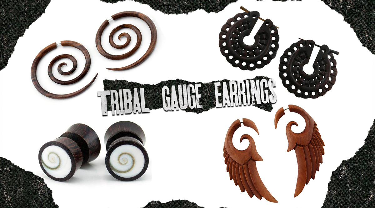 Tribal Gauge Earrings: wood spirals, black carved pinchers, wood plugs with white spiral inlay, and carved wing hangers