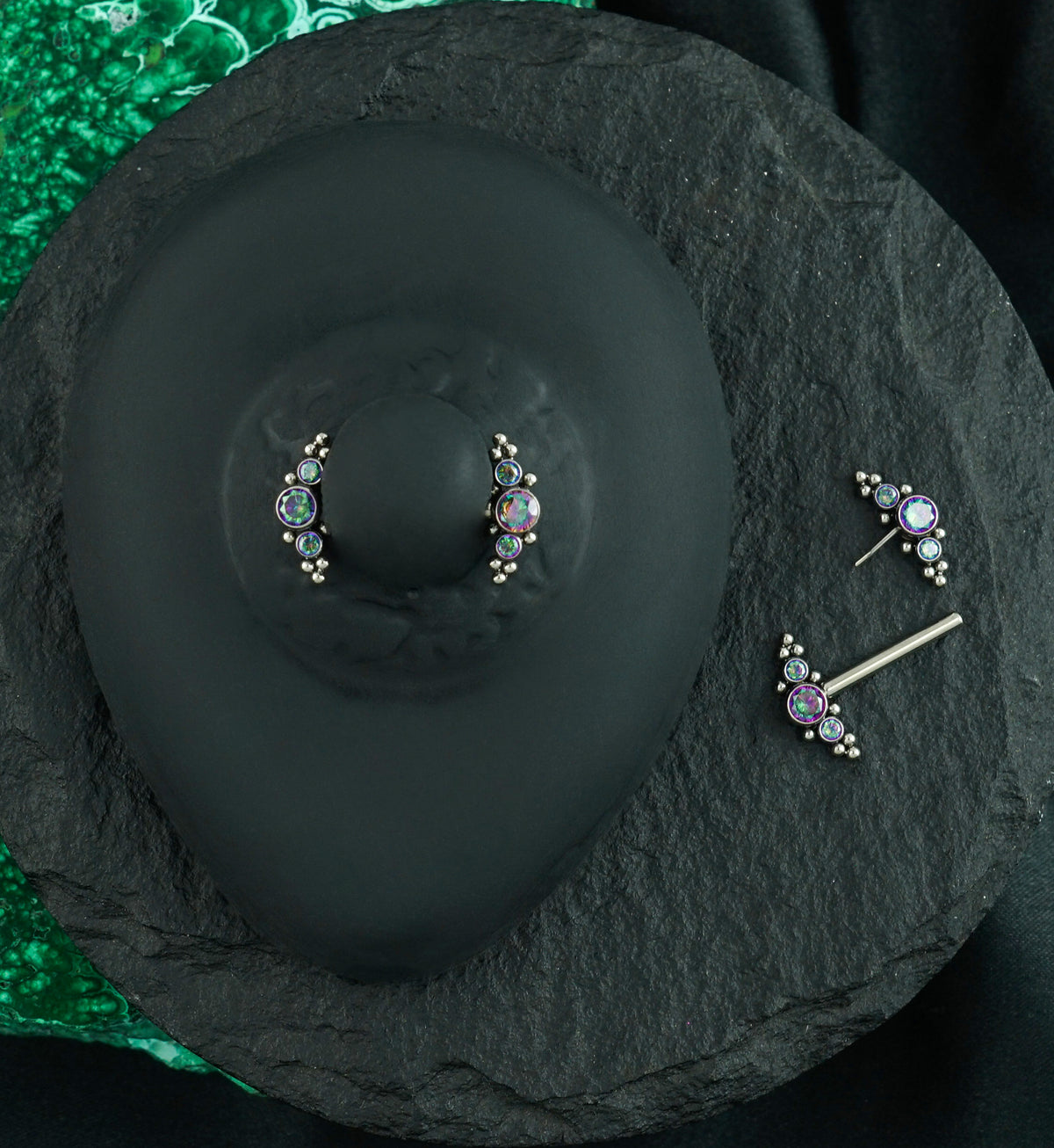 14G Beaded Black Aurora CZ Titanium Threadless Nipple Ring Barbells