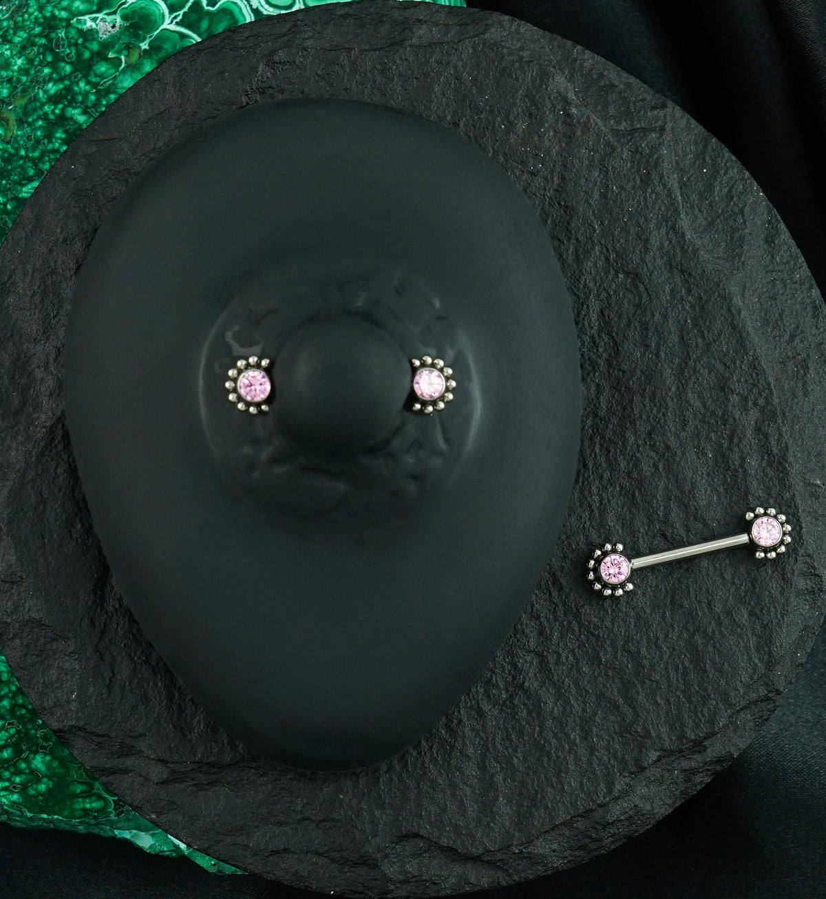 14G Encirc Double Pink CZ Threadless Titanium Nipple Ring Barbell