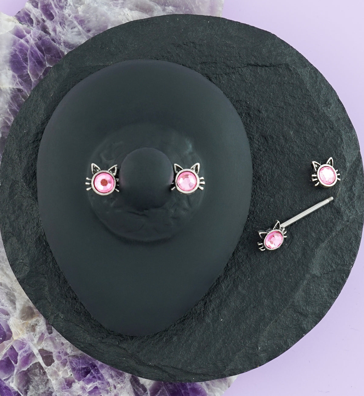 14G Pink CZ Kitty Nipple Ring Barbell