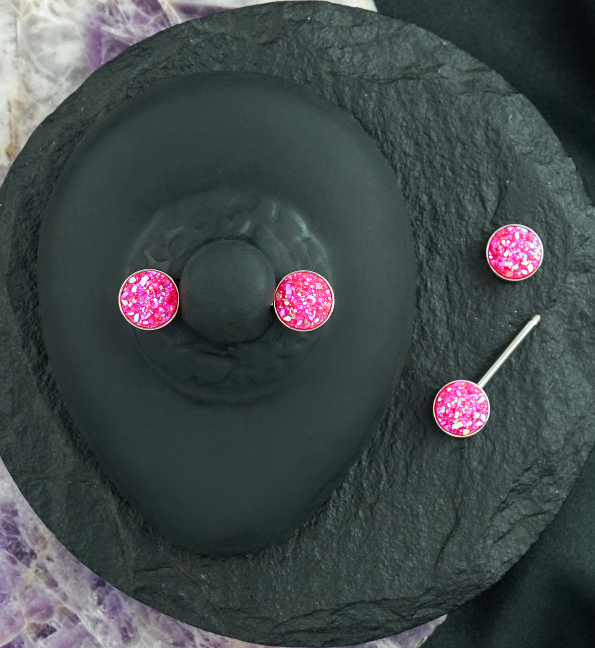 14G Pink Druzy Nipple Ring Barbell