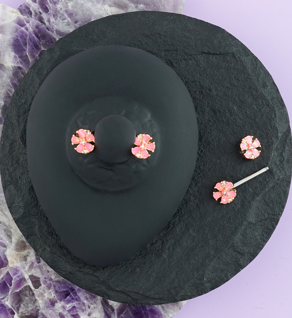 14G Pink Opalescent Glitter Petal Nipple Ring Barbell