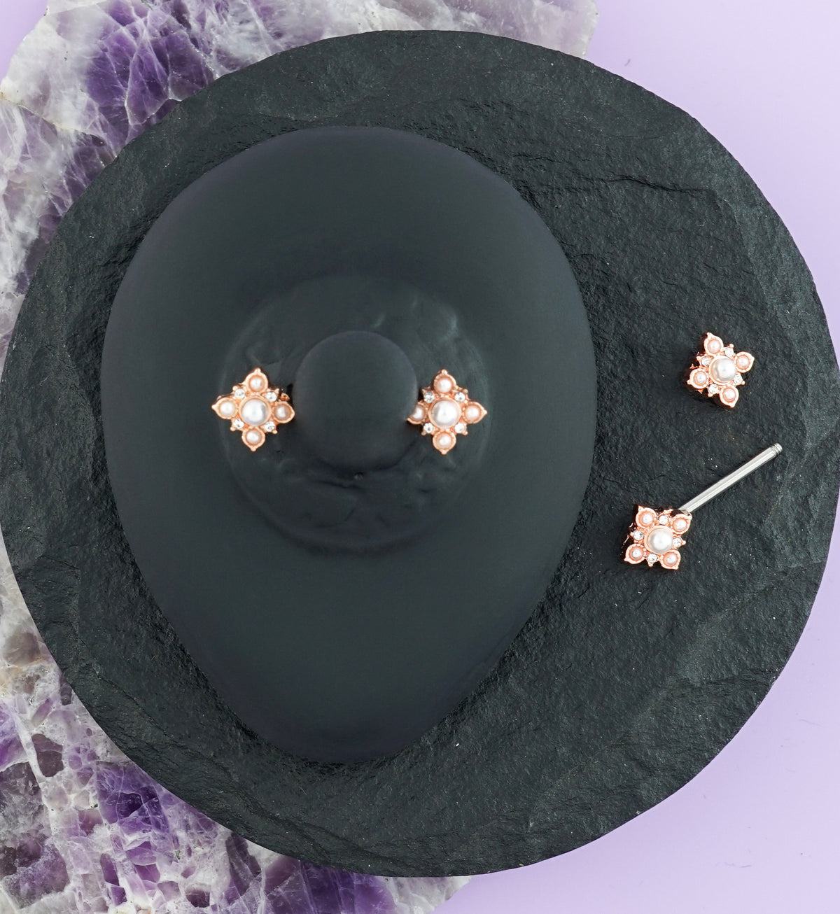 14G Rose Gold Pearly Poly Nipple Ring Barbell