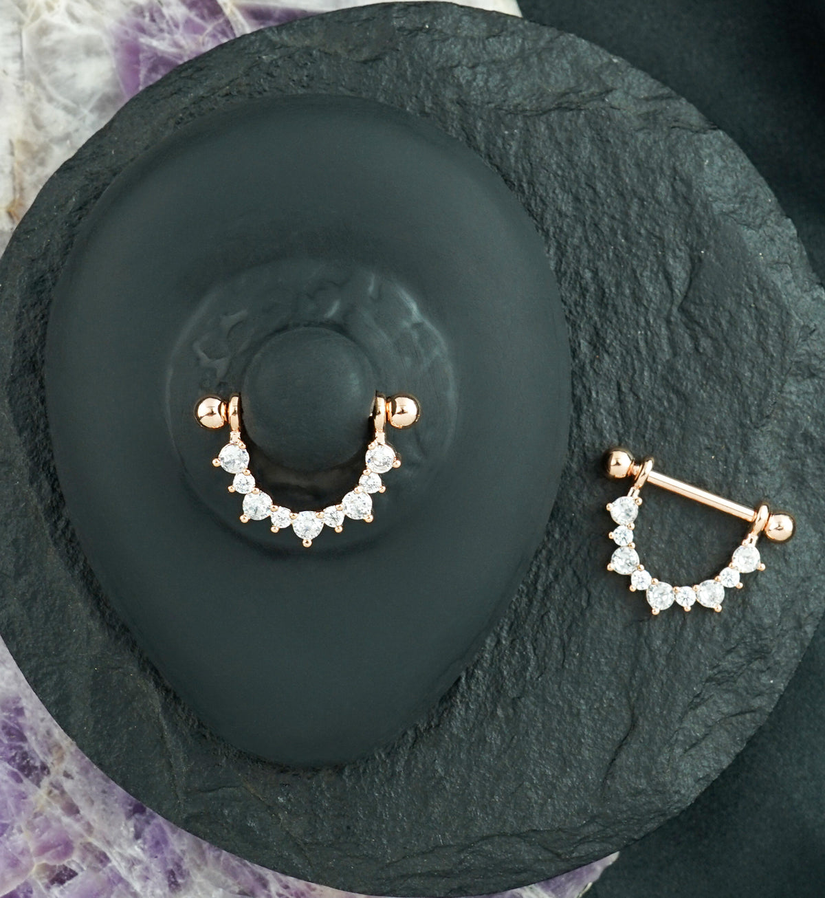 14G Rose Gold PVD CZ Rim Nipple Ring Barbell