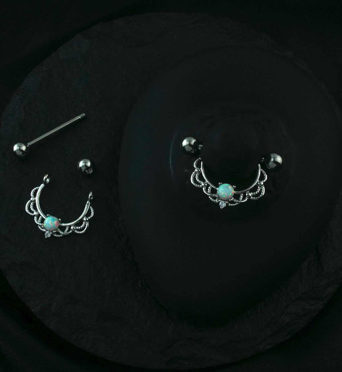 14G Silver Brass Lacey Opal Nipple Ring Barbells