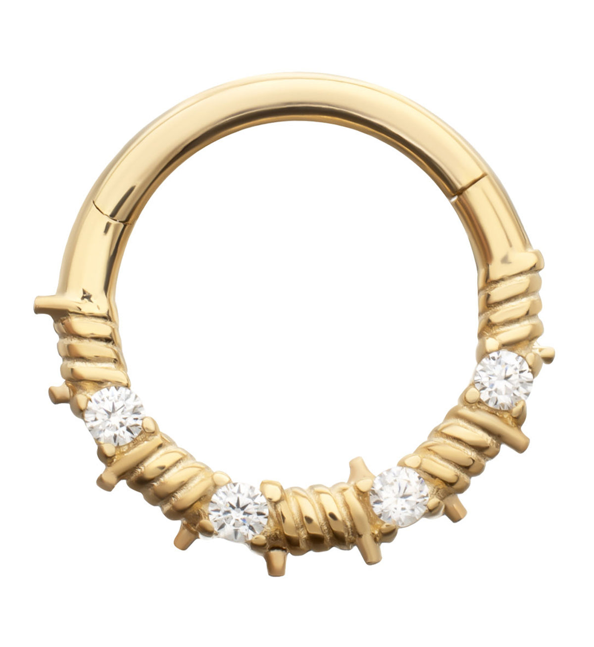 14kt Gold Barbed Wire Clear CZ Hinged Segment Ring