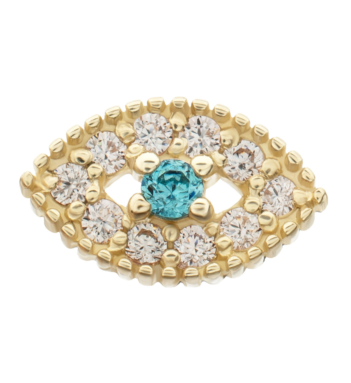 14kt Gold Beaded Evil Eye Aqua CZ Threadless Top
