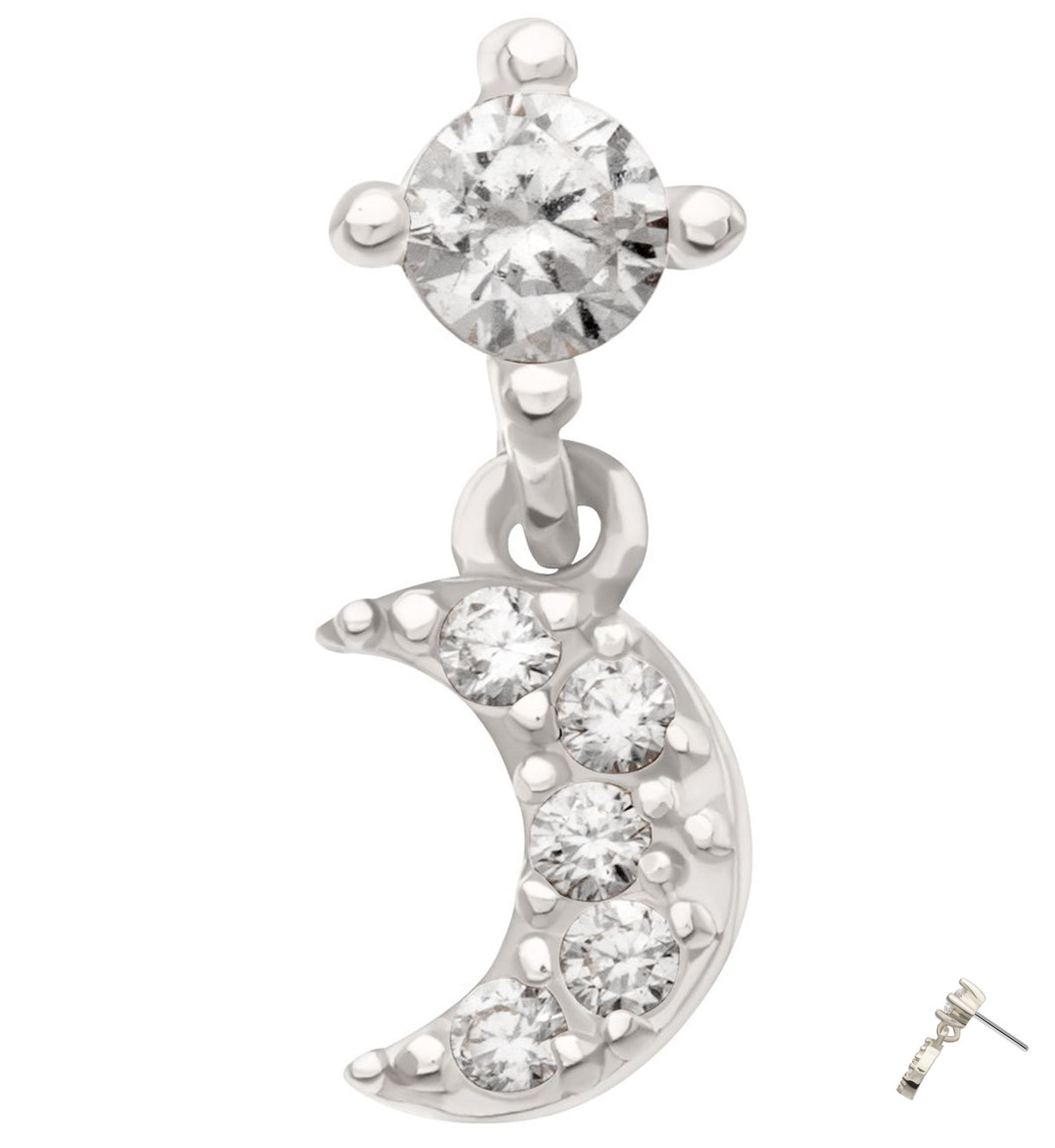 14kt White Gold Beaded Half Moon Clear CZ Dangle Threadless Top
