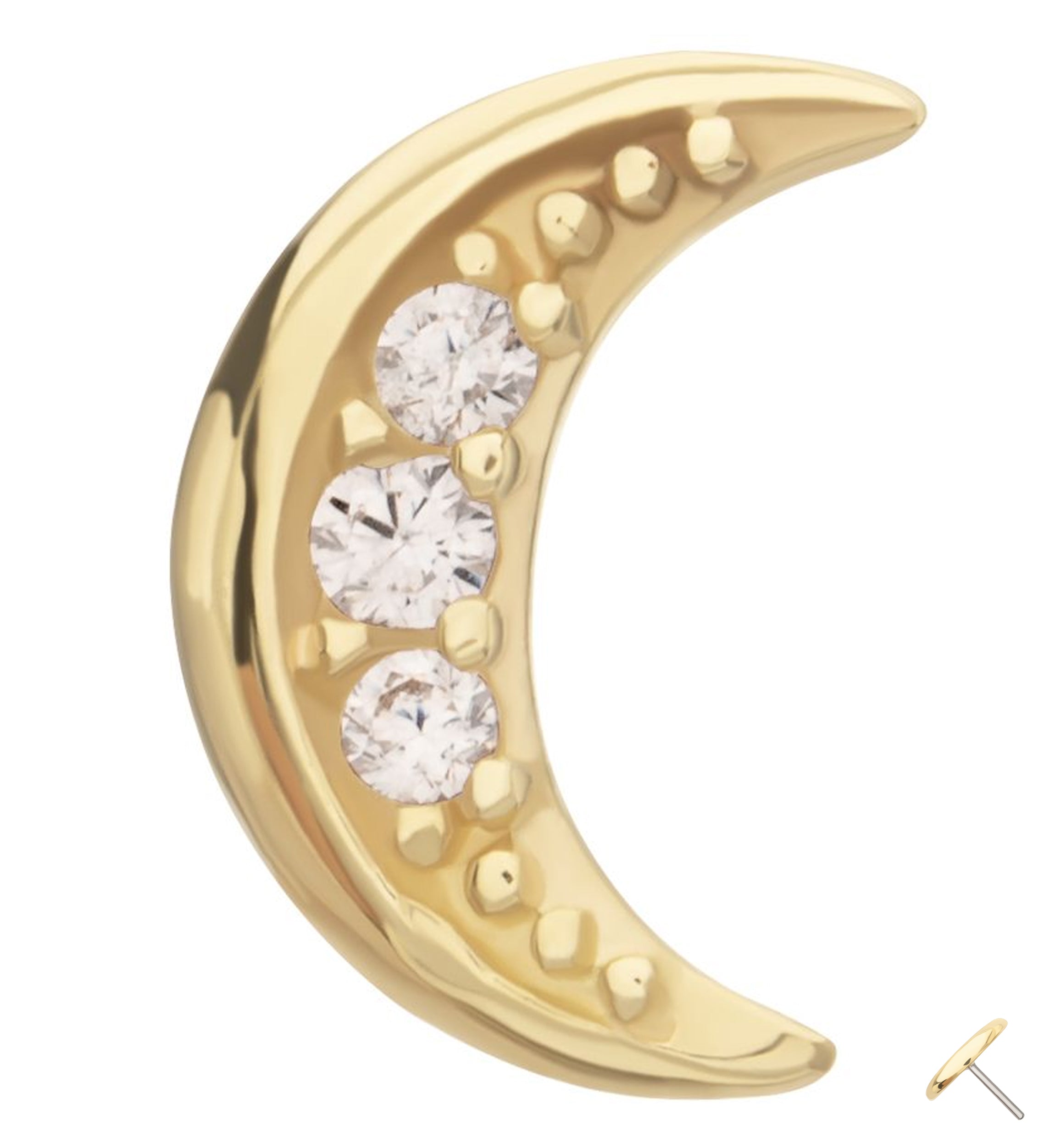 14kt Gold Beaded Half Moon Clear CZ Threadless Top