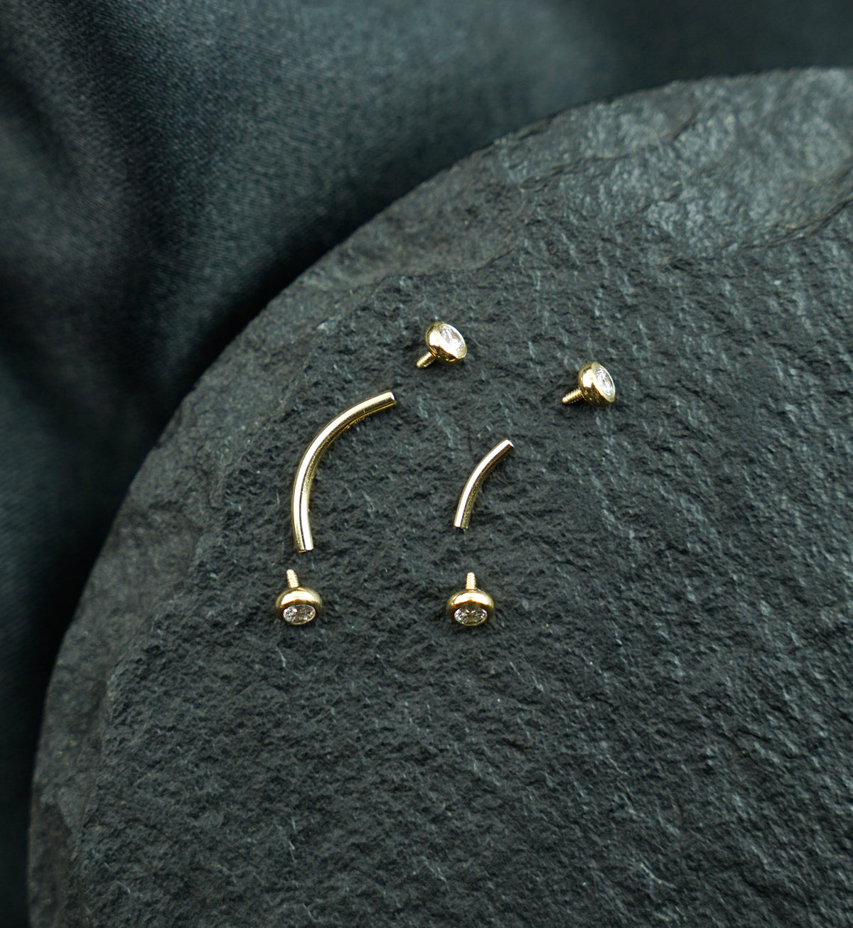 14kt Gold Bezel CZ Long Thread Internally Threaded Curved Barbell