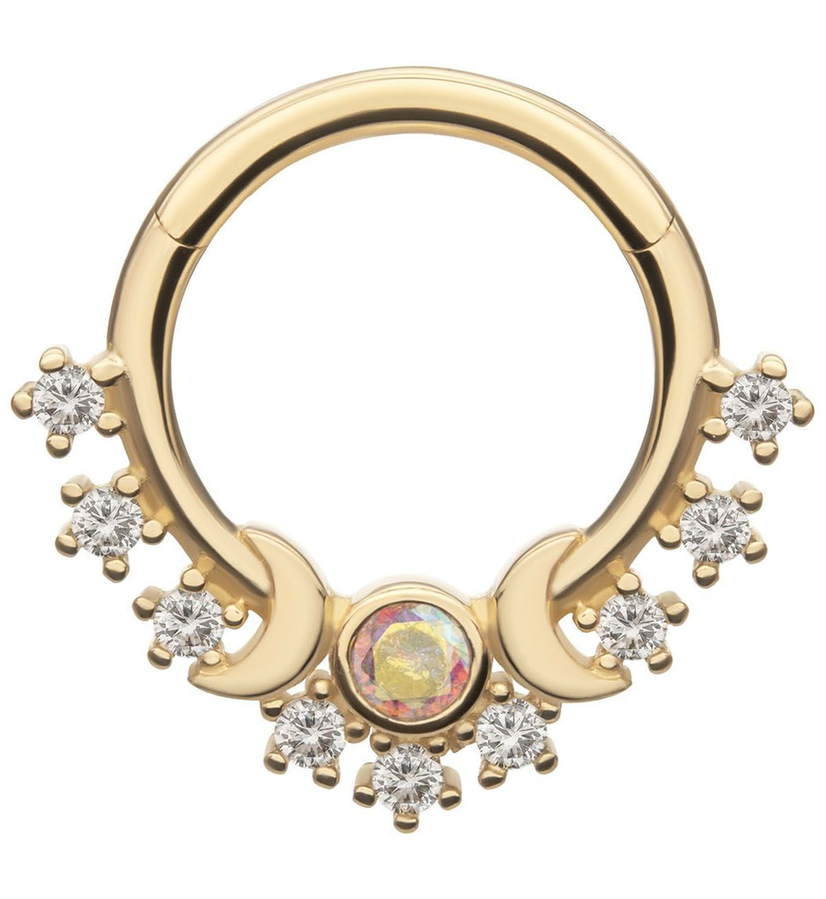 14kt Gold Celestial Crescent Moon Clear CZ Row Hinged Segment Ring