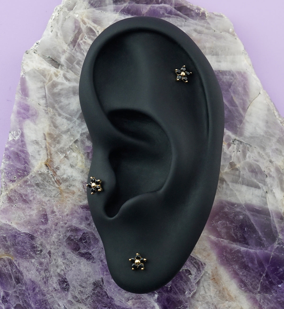 14kt Gold Daisy Black CZ Threadless Top