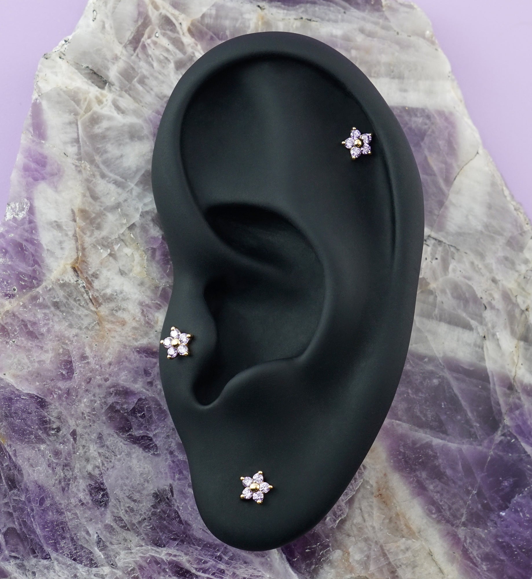 14kt Gold Mini Daisy Amethyst CZ Threadless Top