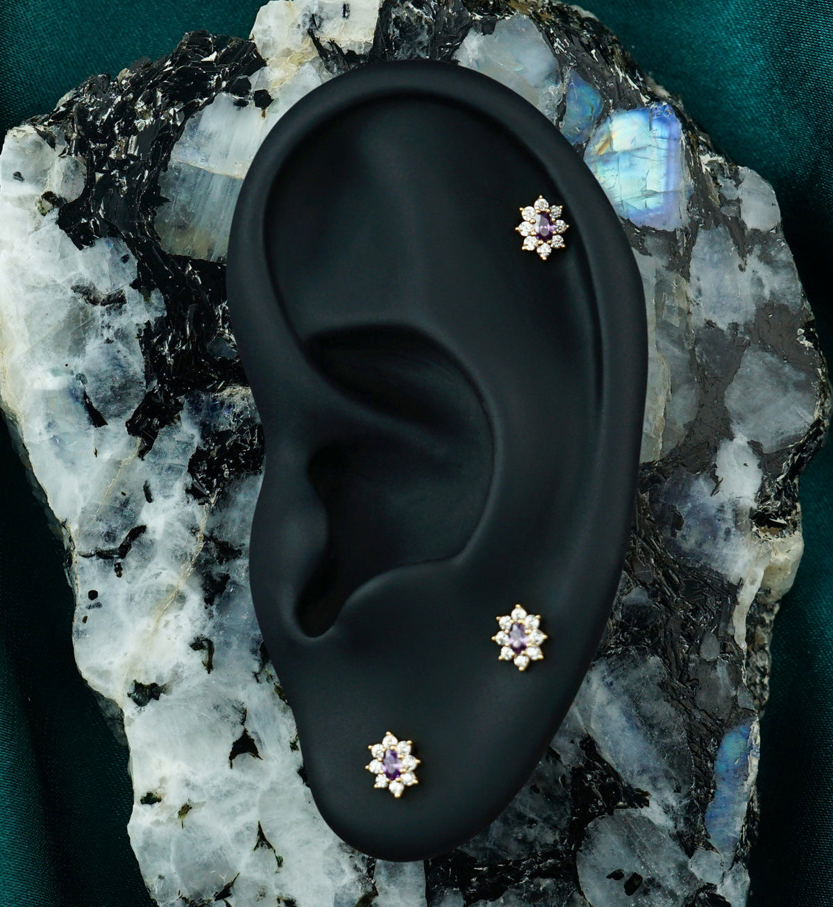 14kt Gold Oval Flower Amethyst CZ Threadless Top