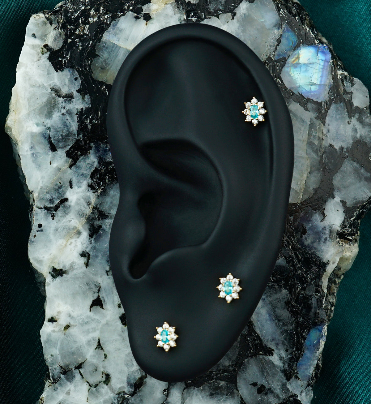 14kt Gold Oval Flower Aqua CZ Threadless Top