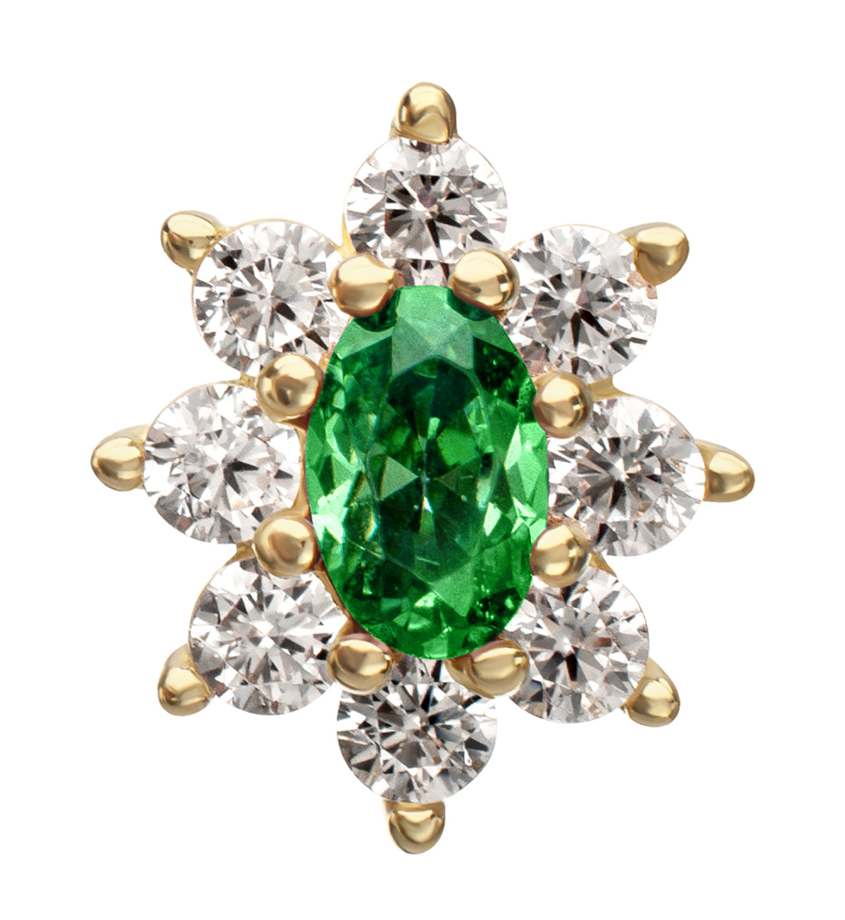 14kt Gold Oval Flower Emerald CZ Threadless Top