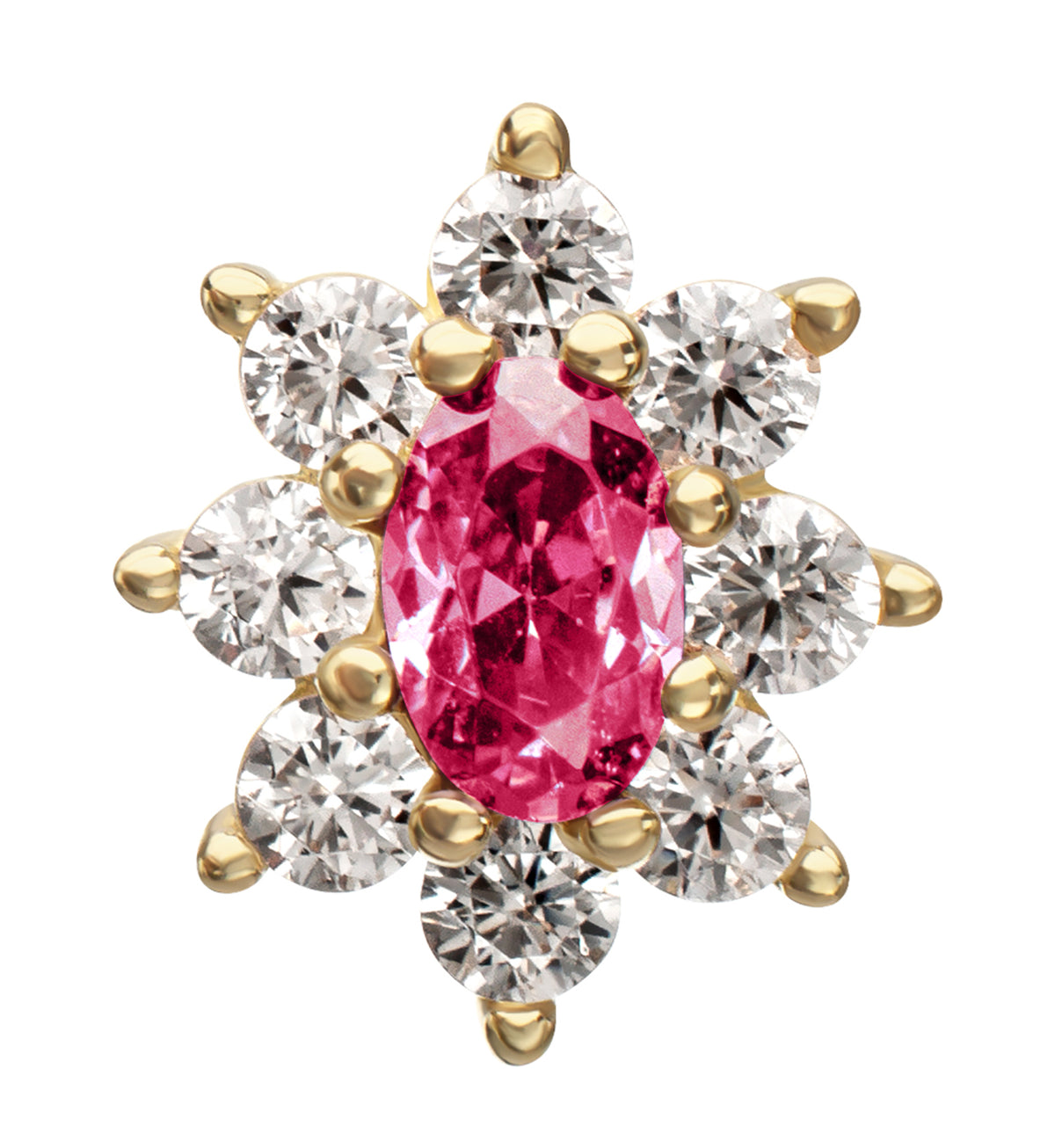 14kt Gold Oval Flower Pink CZ Threadless Top