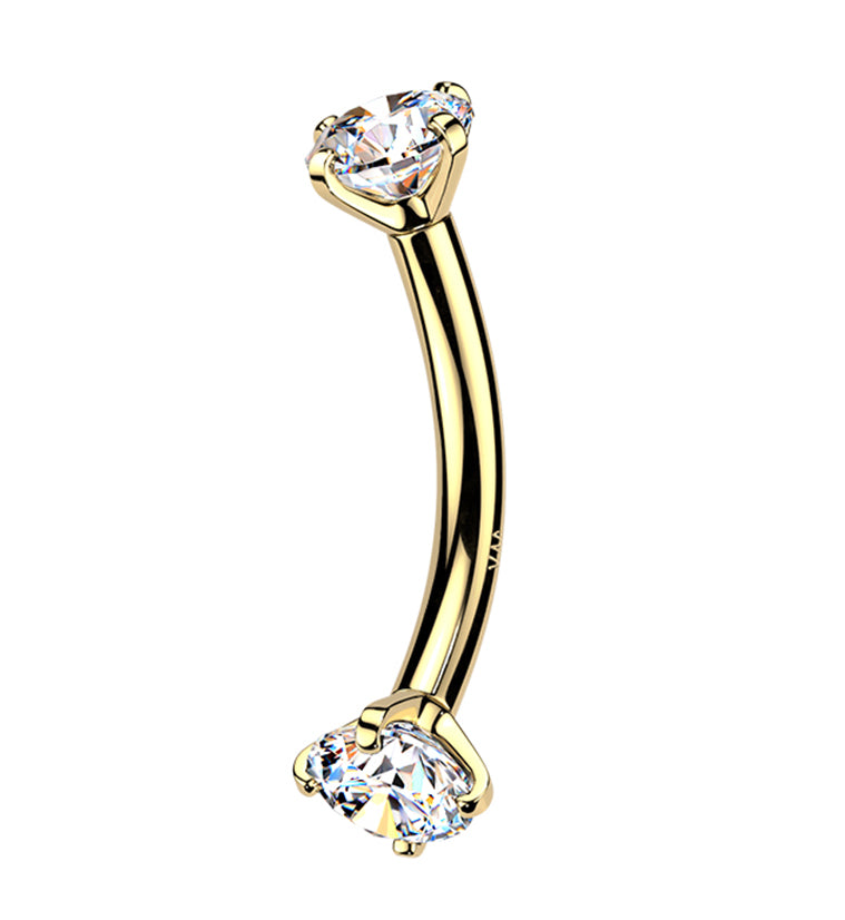 14kt Gold Prong CZ Long Thread Internally Threaded Curved Barbell