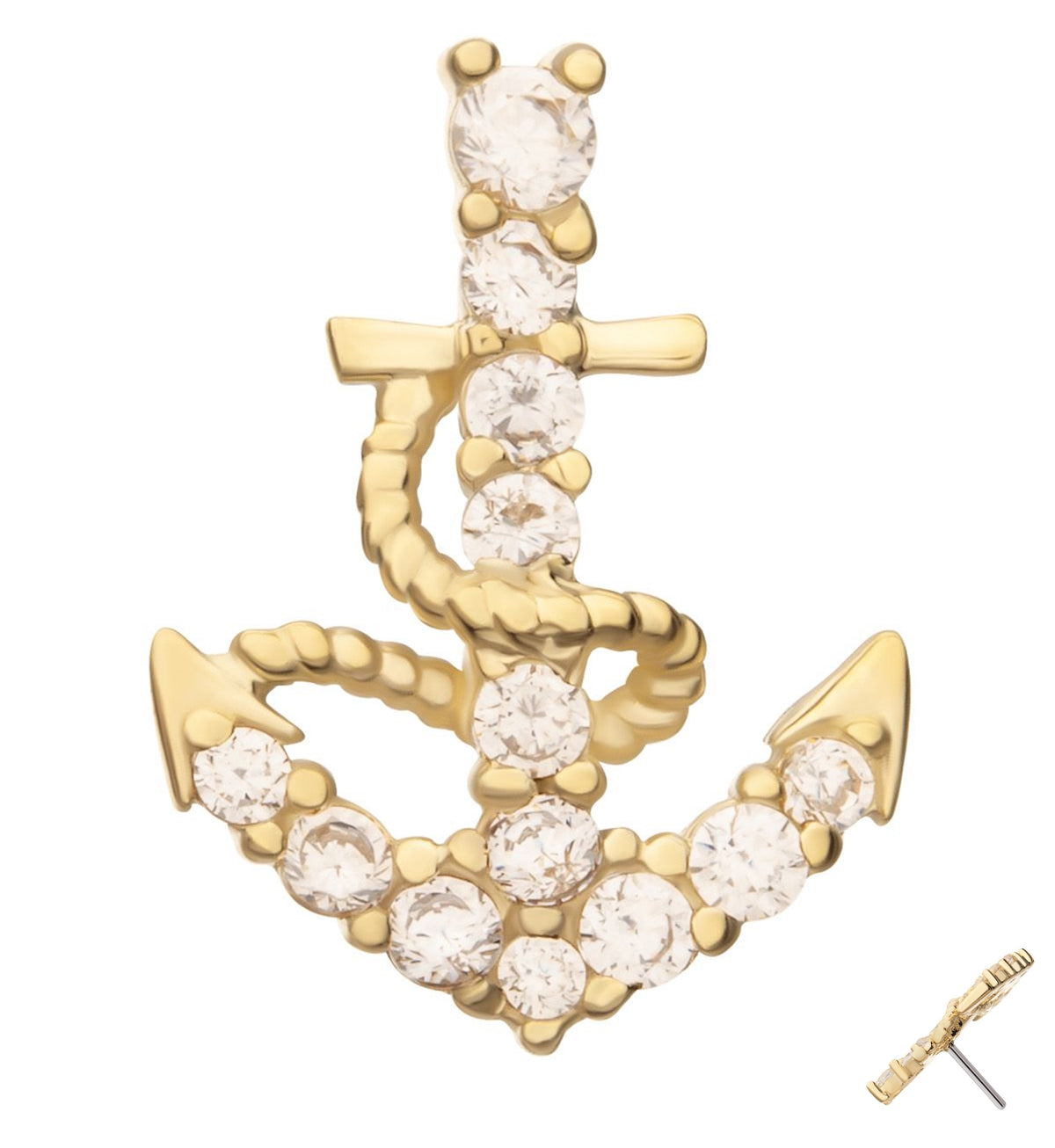 14kt Gold Rope And Anchor Clear CZ Threadless Top