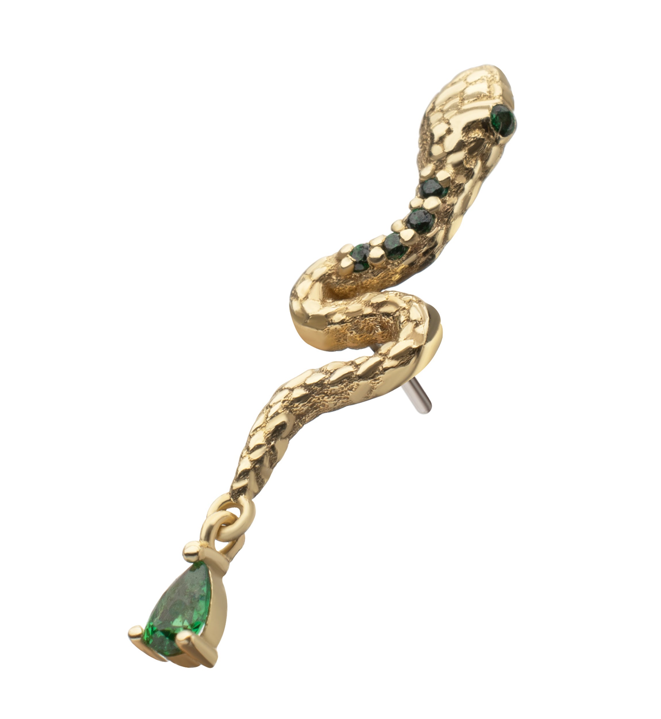 14kt Gold Scaly Snake Teardrop Dangle Emerald CZ Threadless Top