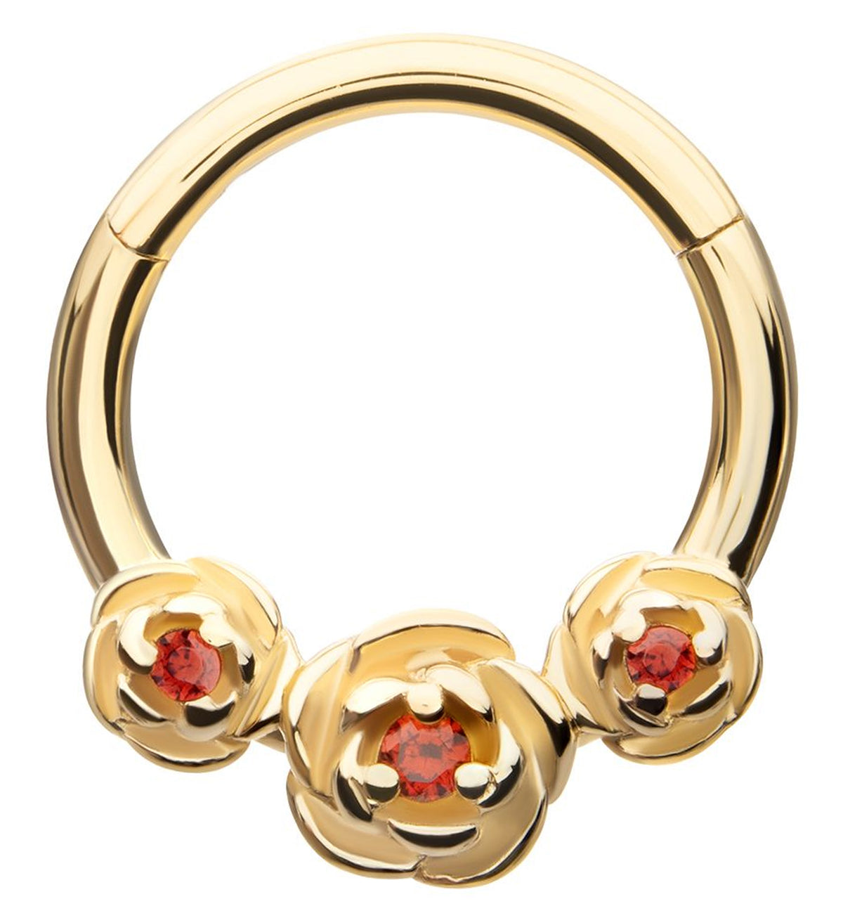 14kt Gold Triple Bloom Red CZ Hinged Segment Ring