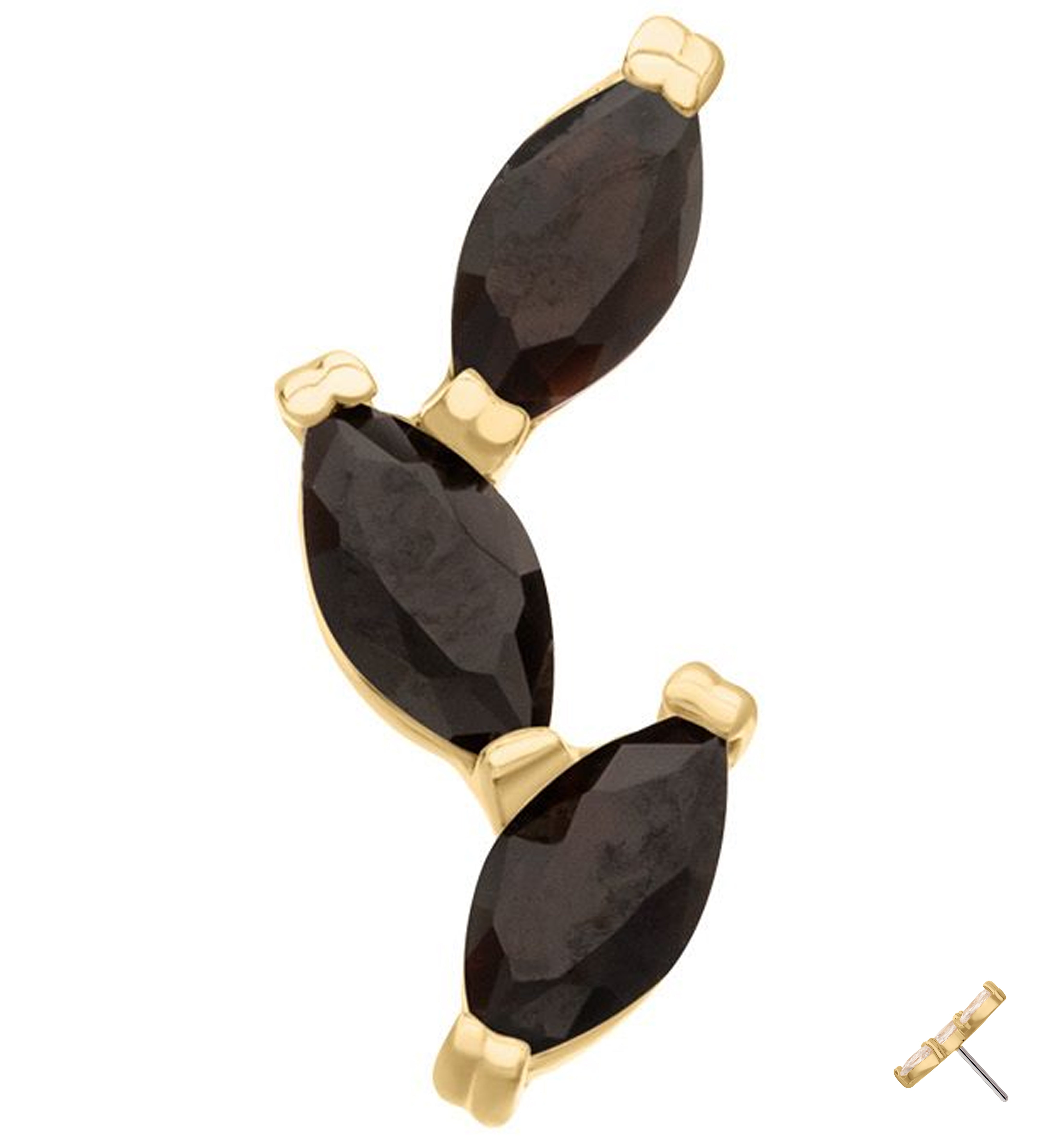 14kt Gold Triple Marquise Vine Black CZ Threadless Top