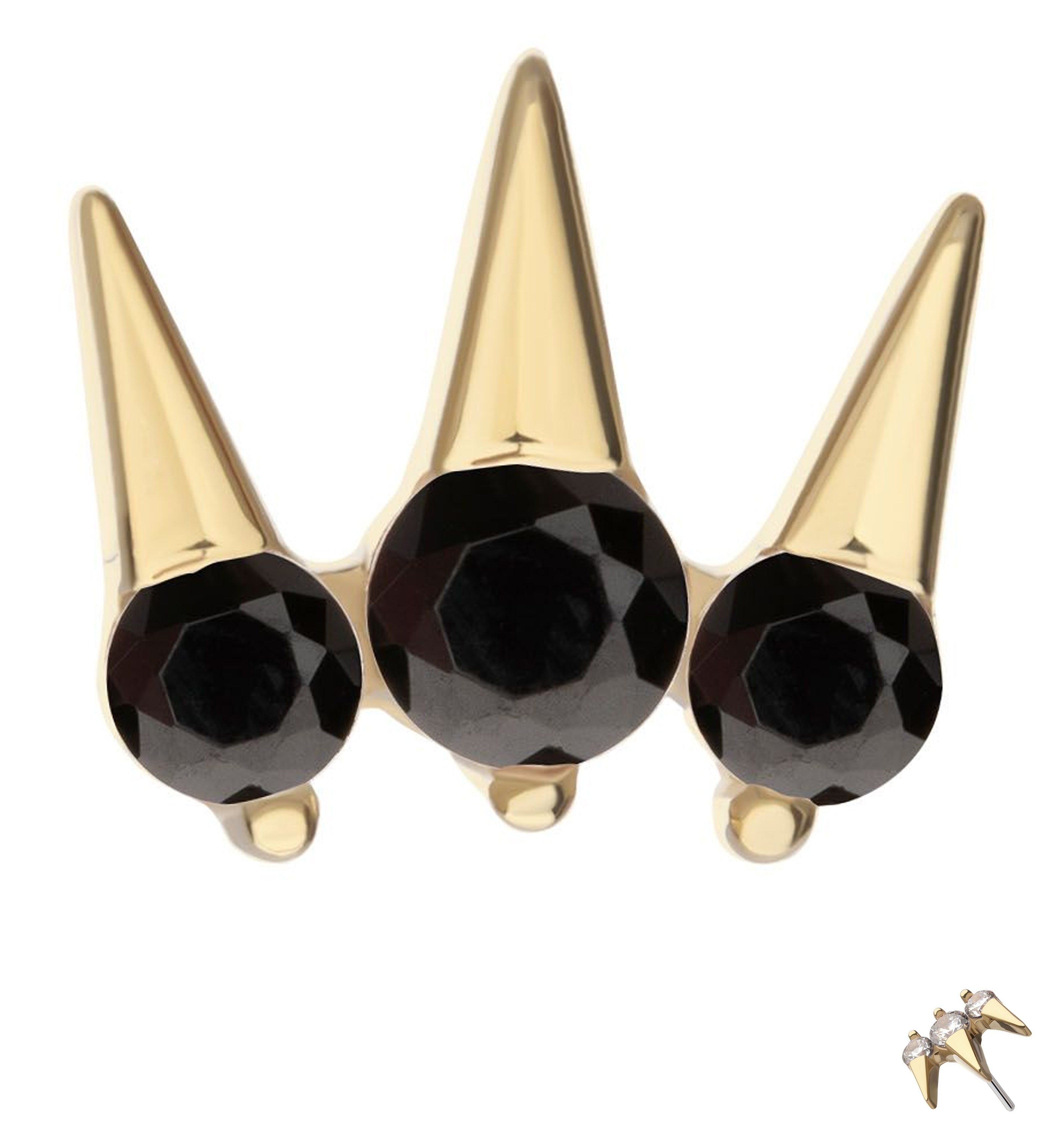 14kt Gold Triple Spike Black CZ Threadless Top