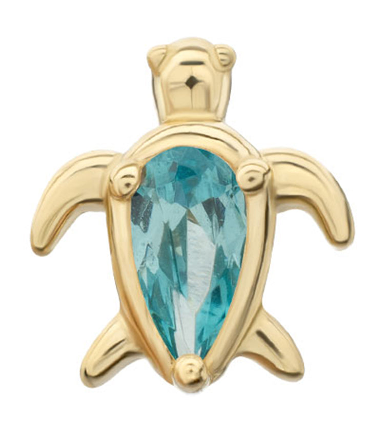 14kt Gold Turtle Teardrop Aqua CZ Threadless Top