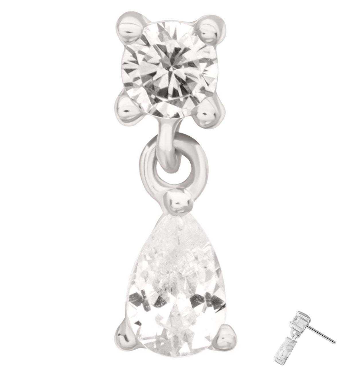14kt White Gold Teardrop Dangle Clear CZ Threadless Top