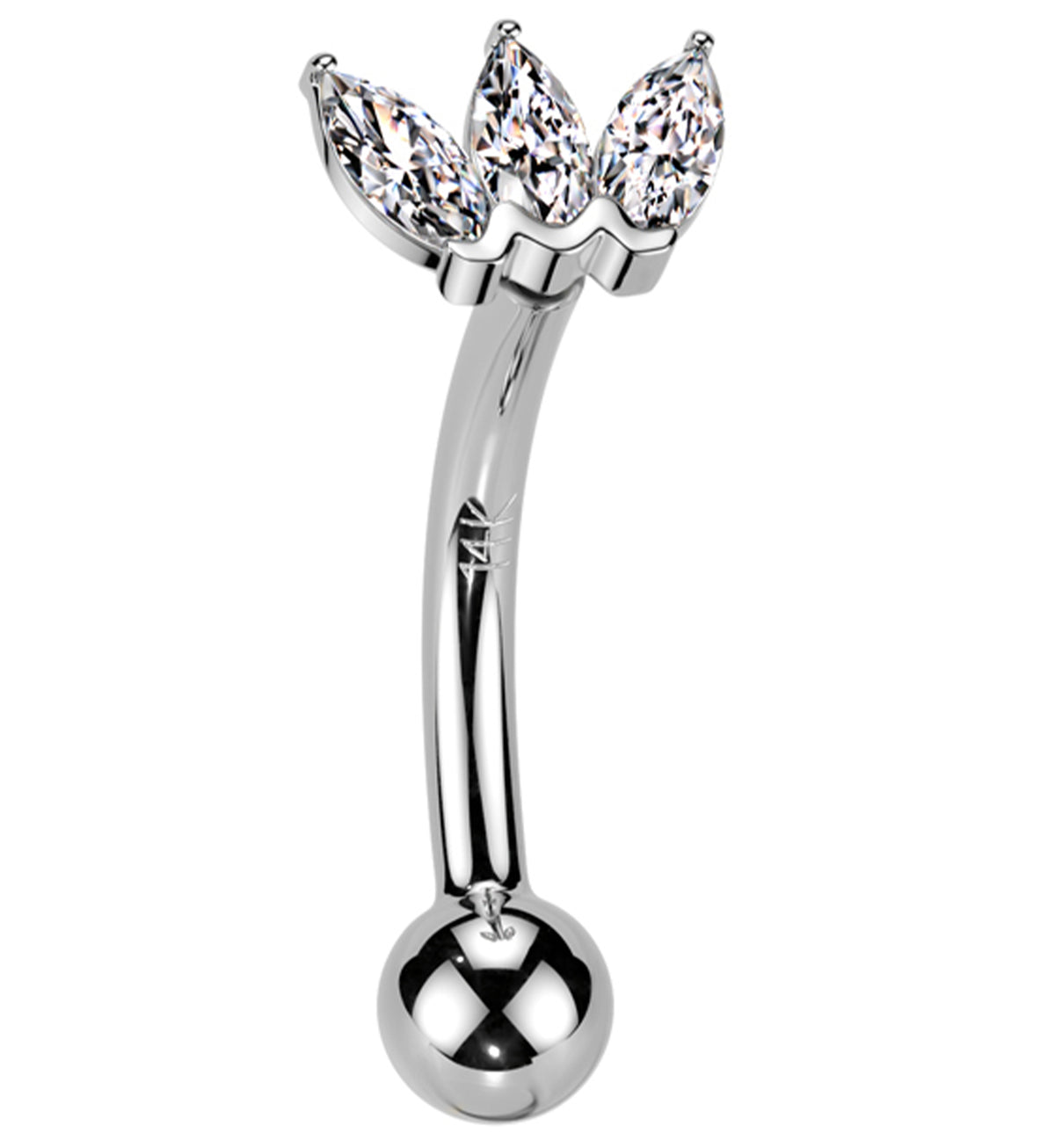 14kt White Gold Triple Marquise Clear CZ Threadless Curved Barbell